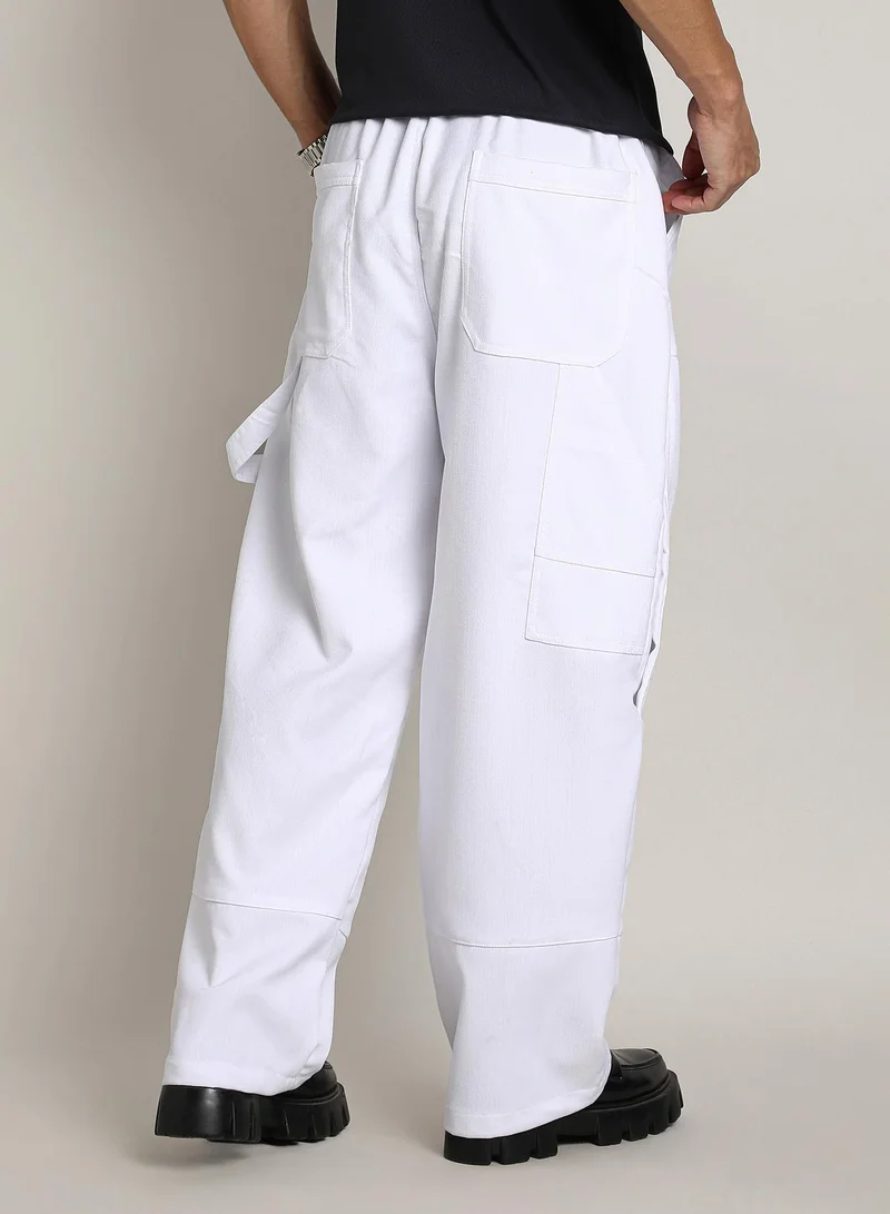 CAHOOT  Men's Chalk White Relaxed-Panel Cargo Trousers For Casual Wear | Mid-Rise | Relaxed Fit | Button Closure | Cargo Pants Crafted With Comfort Fit For Everyday Wear for Men | Best Price UAE